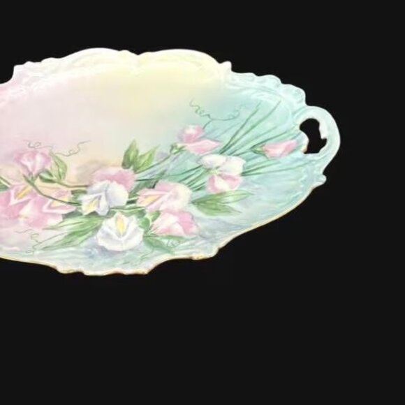 Vintage Limoges France Floral Sweet Pea Gold Trimmed Oval Platter - Picture 5 of 11